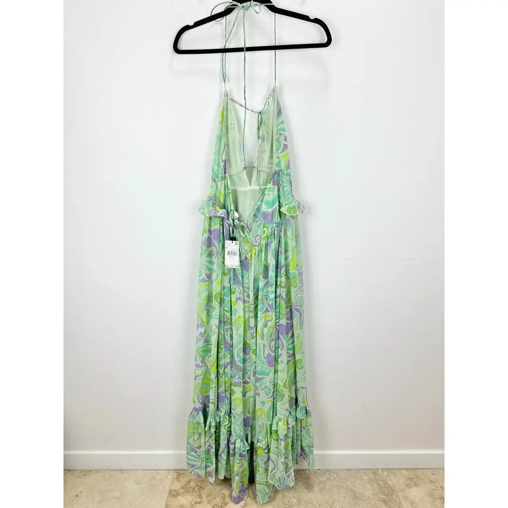 Mango Maxi Dress Chiffon Printed Ruffle Resort Boho Green A Line Medium NWT - Picture 15 of 16